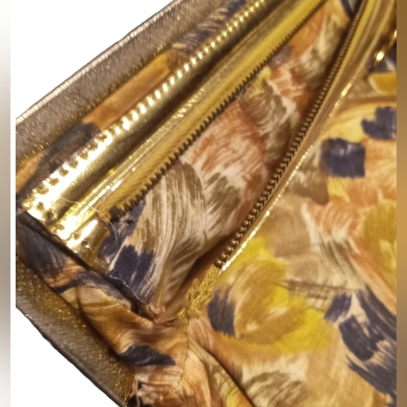 Vintage JR Fabric Wool Tweed Woven Black Purse Clutch Gold Pattern Lining - Picture 7 of 9